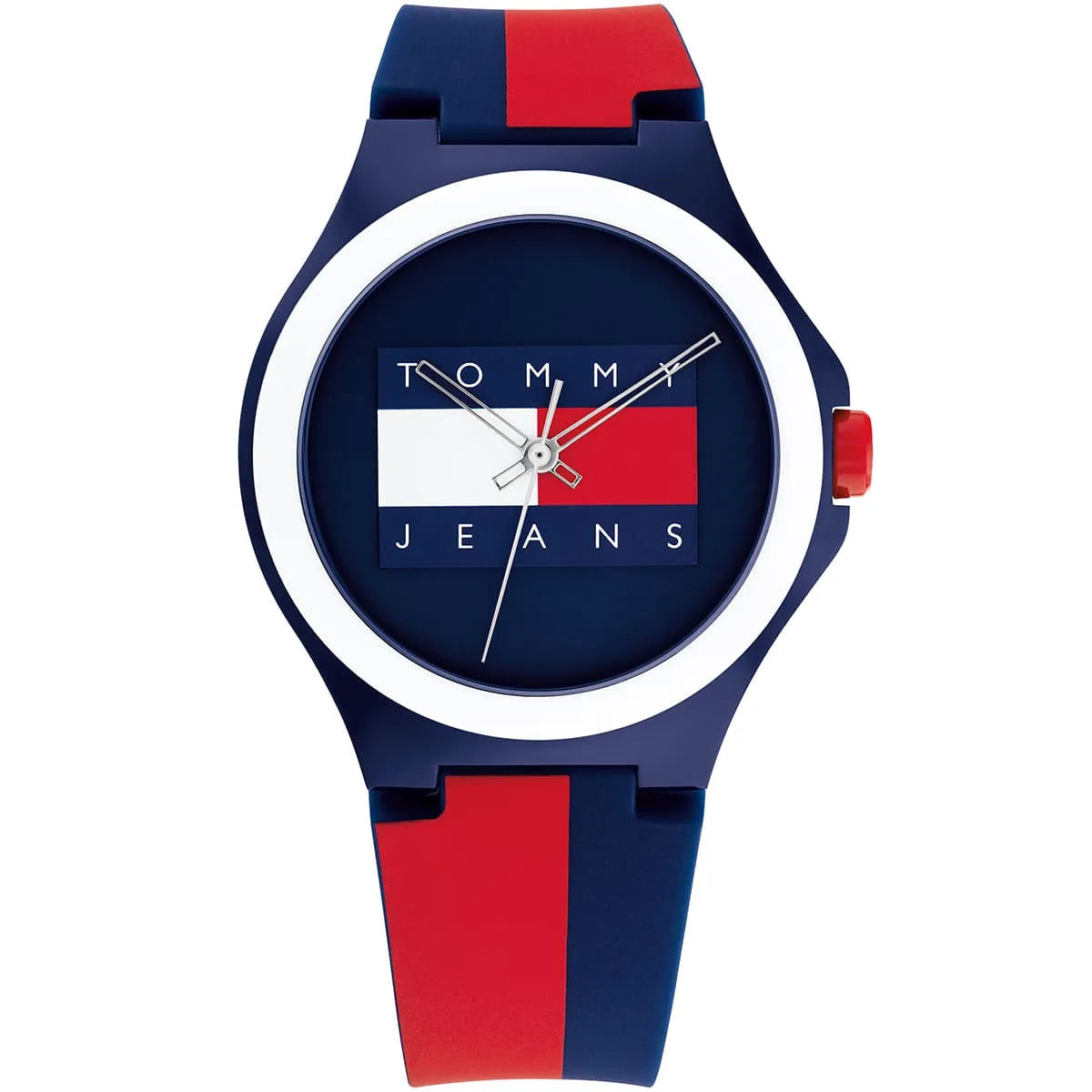 Tommy Hilfiger navy dial watch with navy and red silicone strap and white bezel