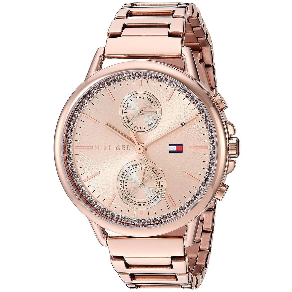 Side angle view of rose gold Tommy Hilfiger women's watch with crystal-set bezel and metal strap
