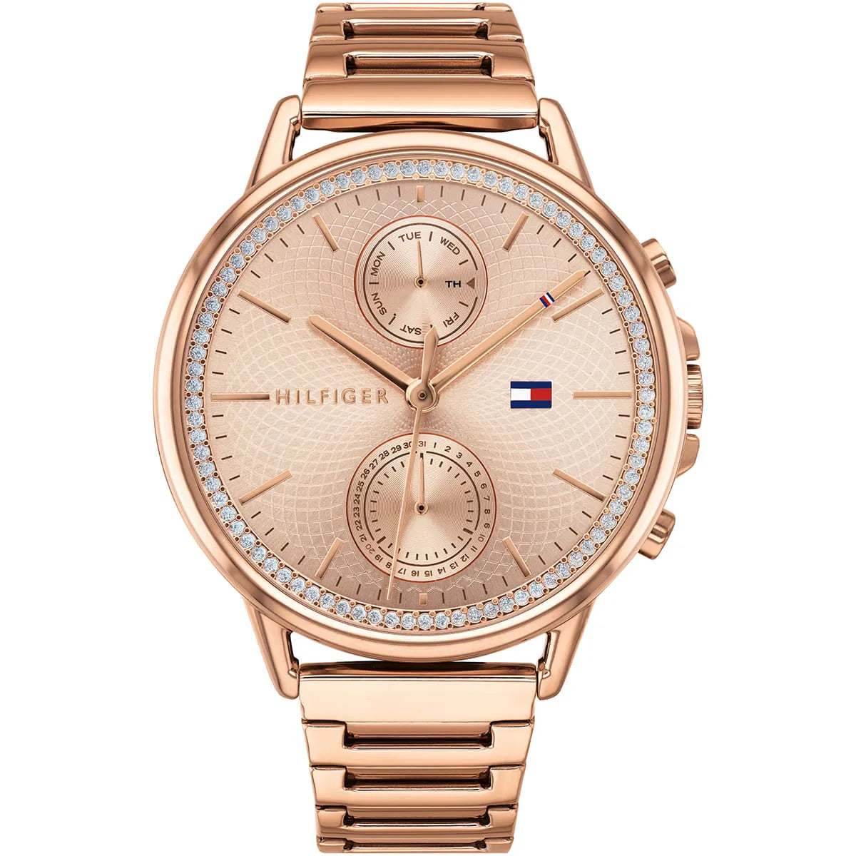 Tommy Hilfiger women's watch with rose gold dial, crystal bezel, dual subdials, and rose gold metal bracelet