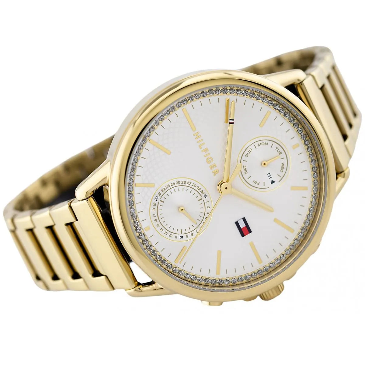 Three-quarter view of Tommy Hilfiger women's watch showcasing dial detail and strap