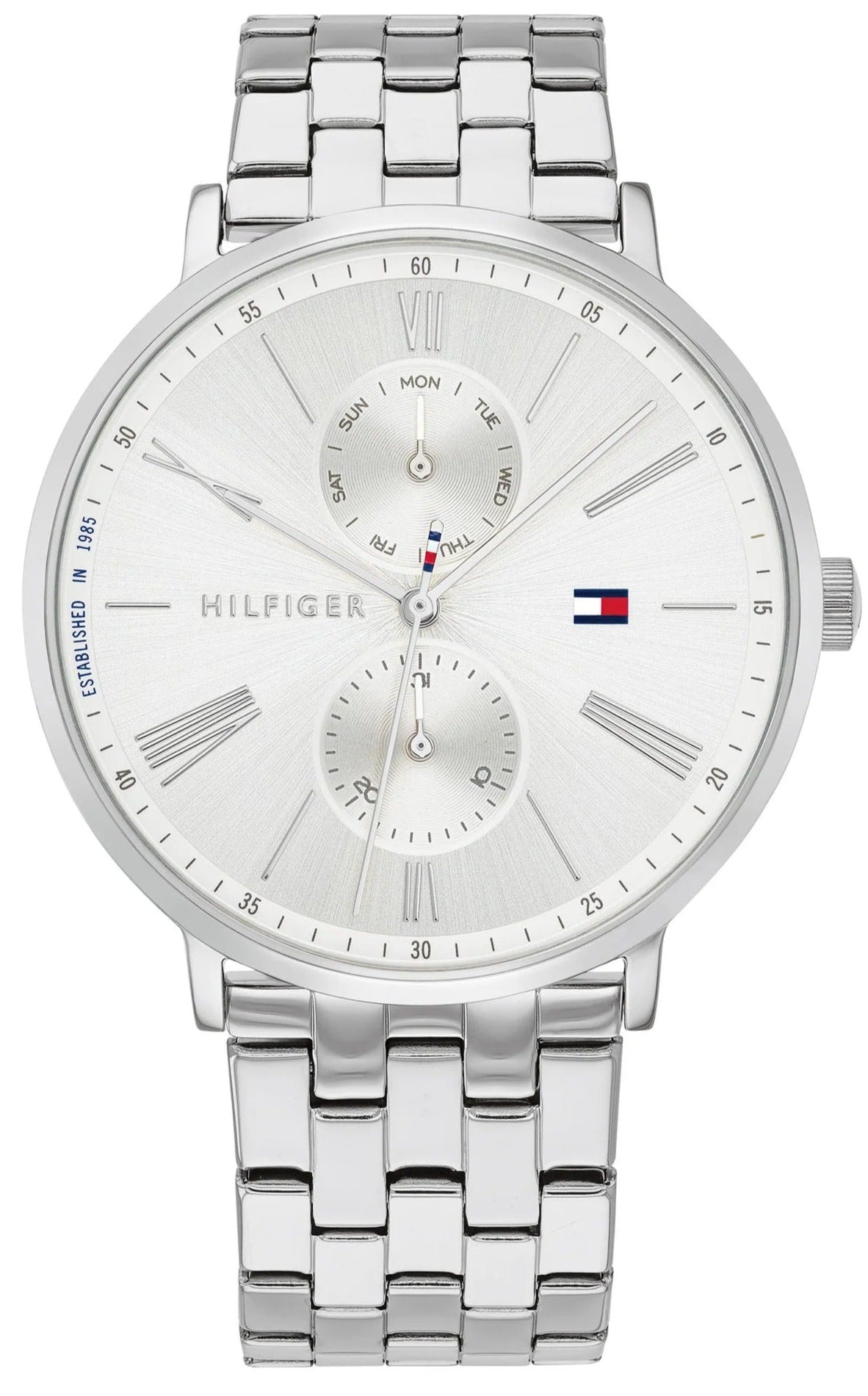 Tommy Hilfiger stainless steel women's watch with white dial and roman numerals