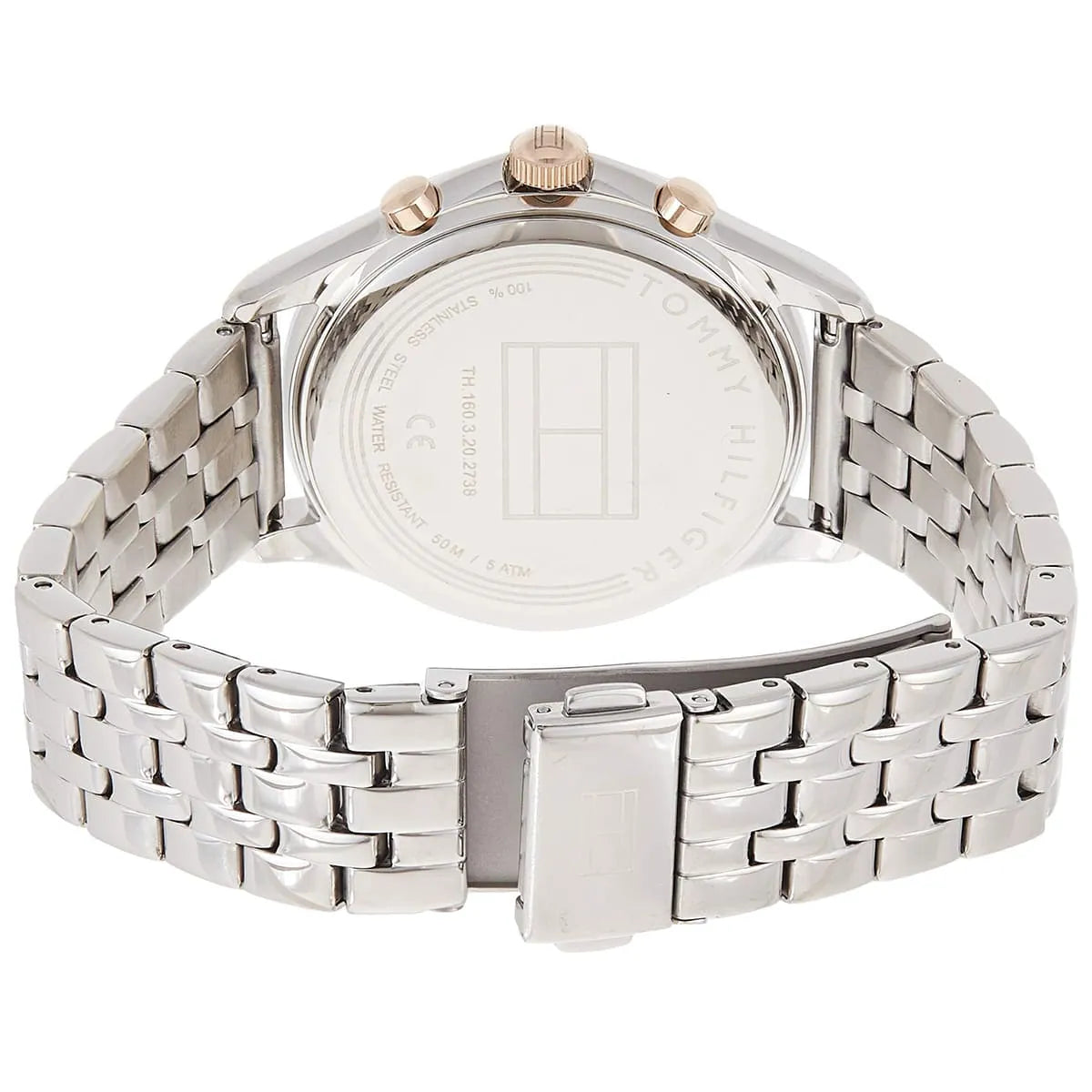 Tommy Hilfiger Whitney watch caseback showing stainless steel with embossed branding