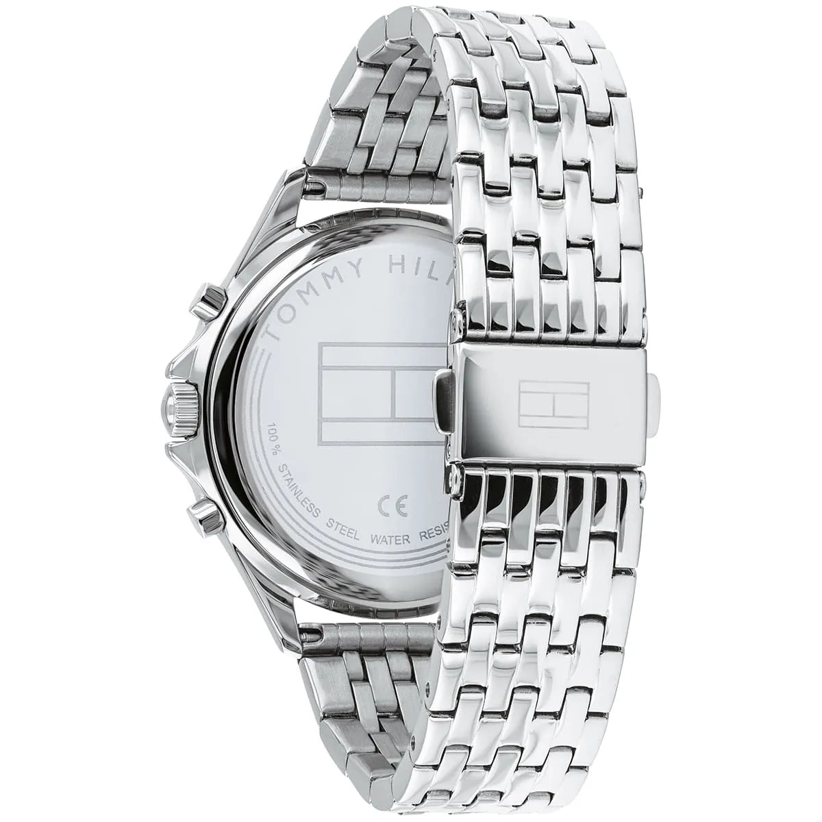 Tommy Hilfiger watch side view displaying caseback and stainless steel three-link bracelet