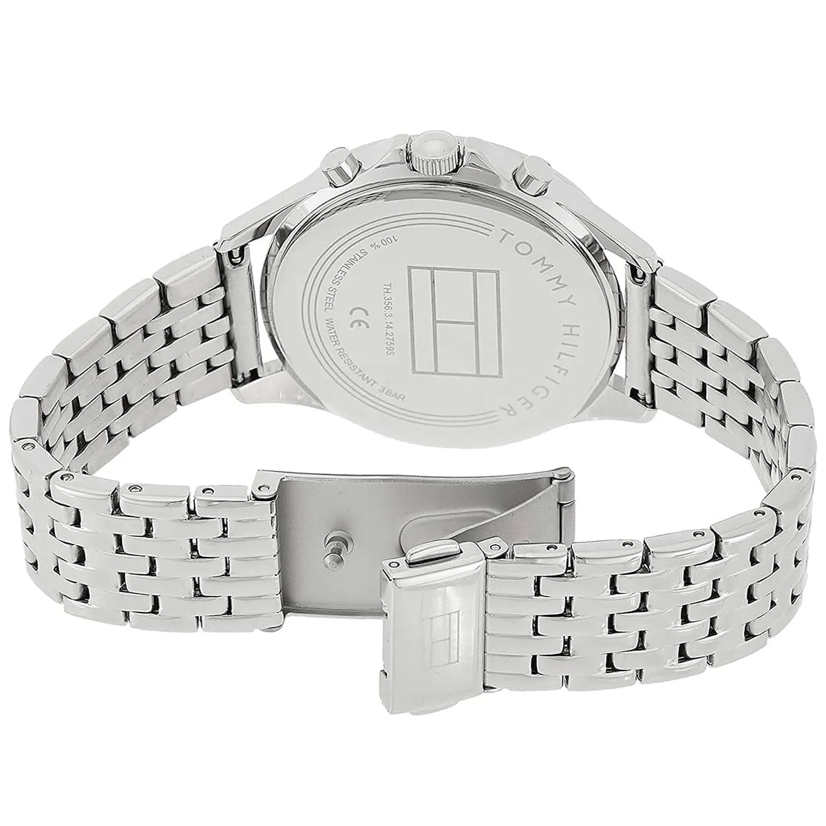 Caseback of Tommy Hilfiger watch showing stainless steel construction and bracelet clasp