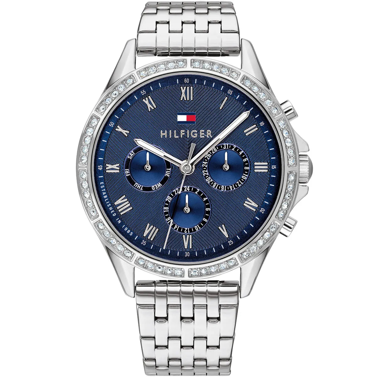 Tommy Hilfiger women's watch with blue dial, roman numerals, crystal bezel, and stainless steel strap