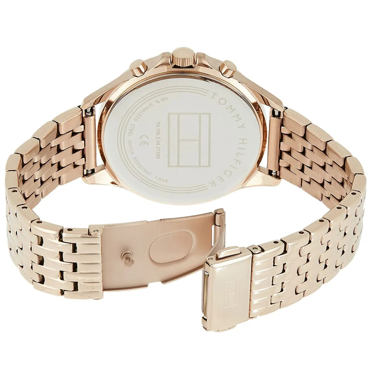 Tommy Hilfiger Ari watch caseback showing stainless steel case and secure clasp