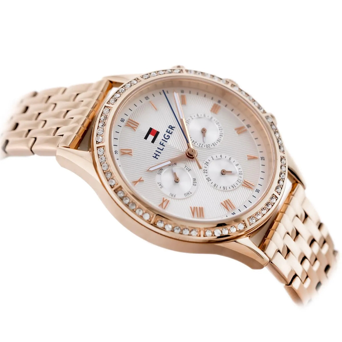 Tommy Hilfiger Ari watch side view displaying case profile and bracelet links