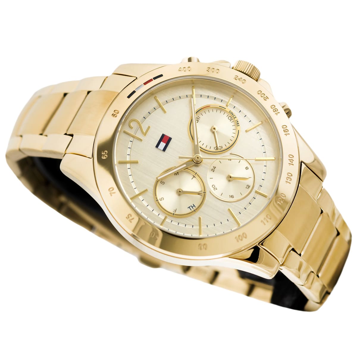 Tommy Hilfiger women's gold chronograph watch angled view showing dial and bracelet