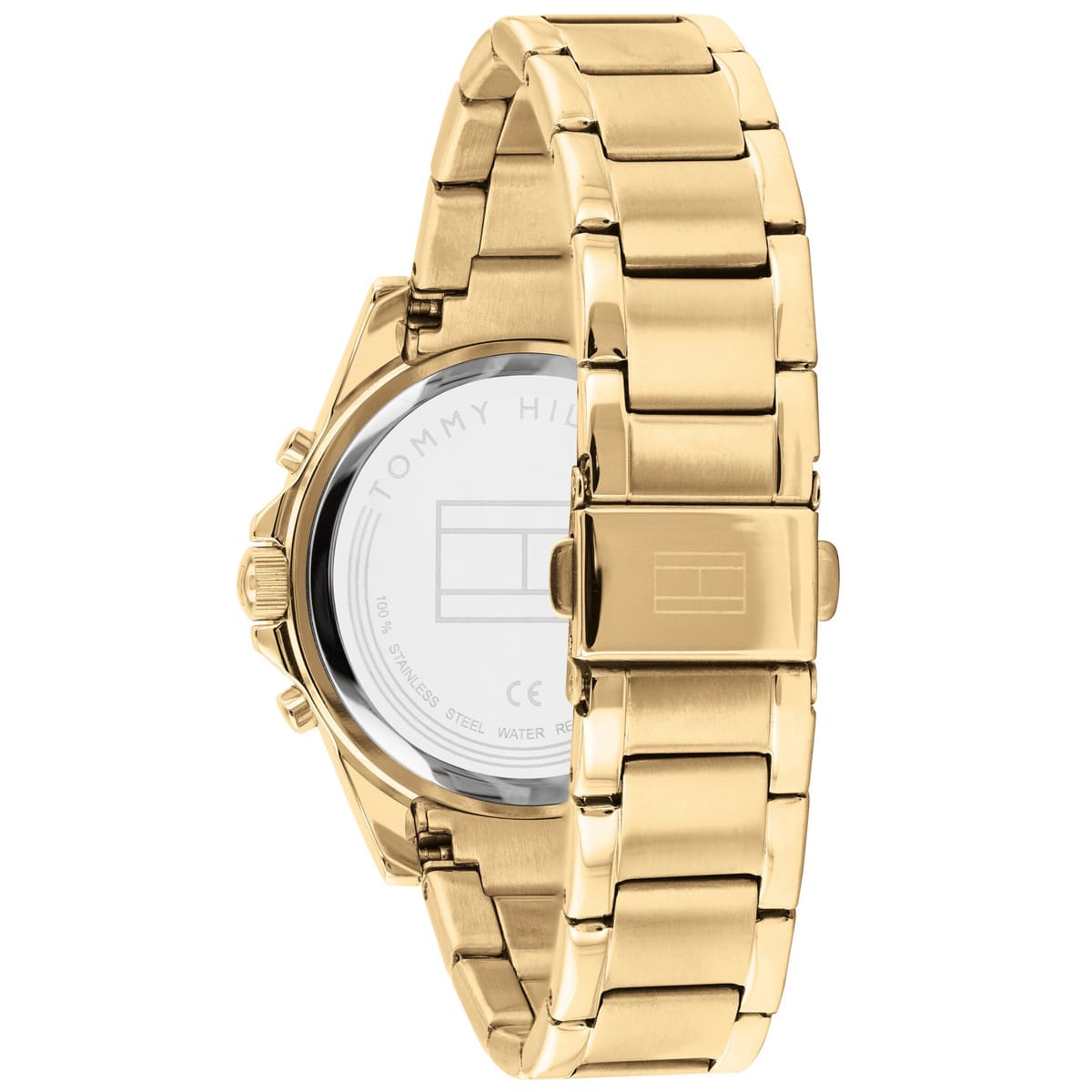 Tommy Hilfiger women's gold watch caseback showing stainless steel case details
