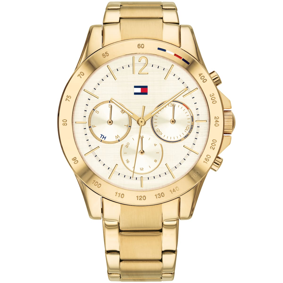 Tommy Hilfiger gold steel women's watch with cream chronograph dial and golden bracelet