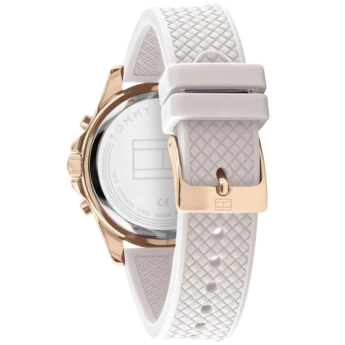 Tommy Hilfiger Haven watch caseback and strap detail with white silicone band