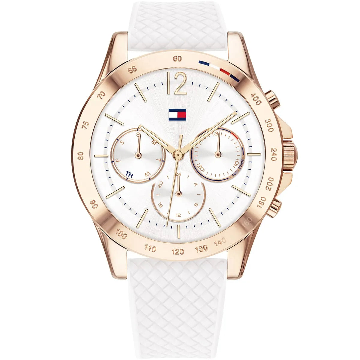 Tommy Hilfiger Haven women's watch with white dial, rose gold case, and white silicone strap
