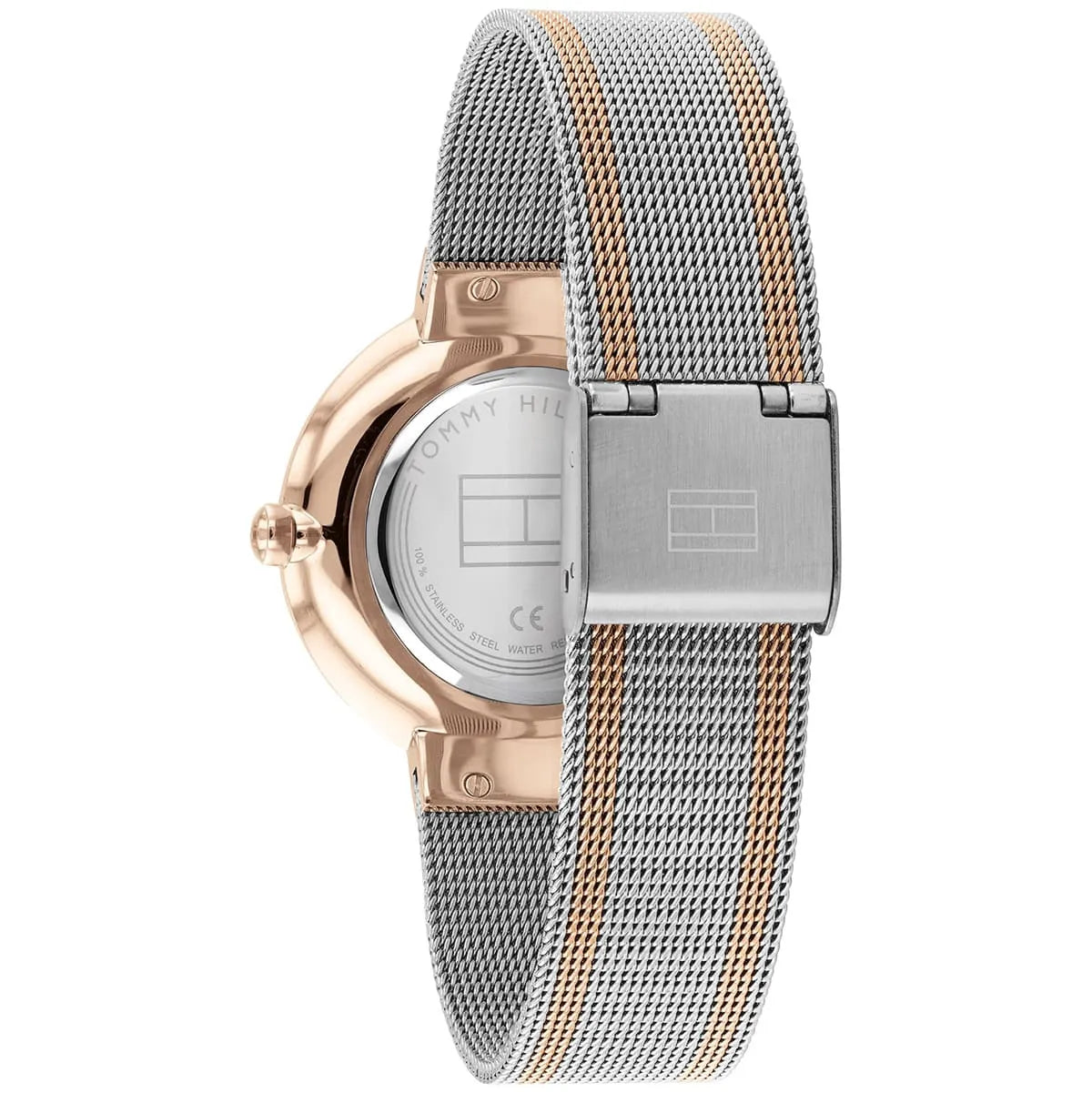 Tommy Hilfiger Liberty watch caseback showing quartz movement and two-tone mesh bracelet
