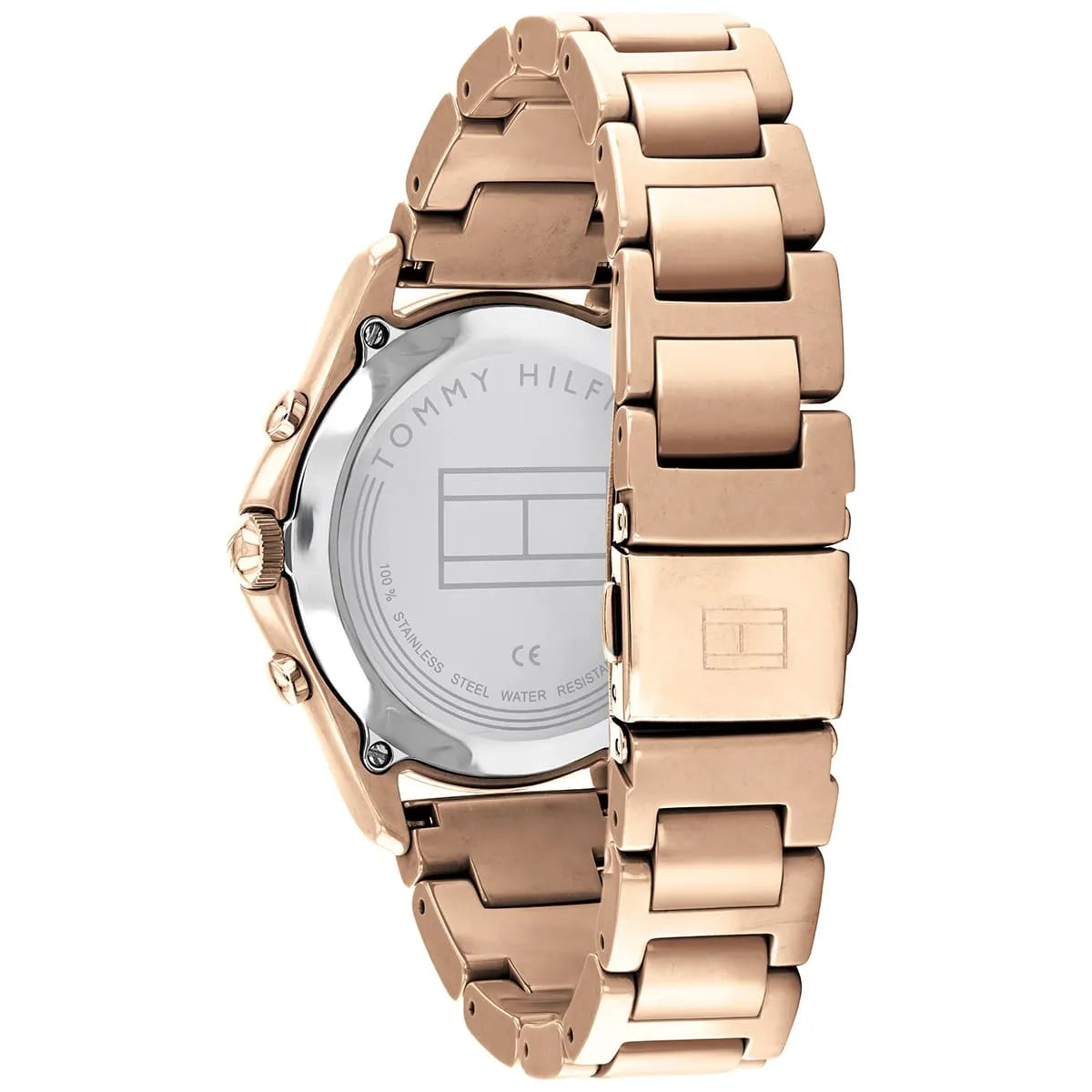 Tommy Hilfiger Skylar watch case back showing metal bracelet and engraved details