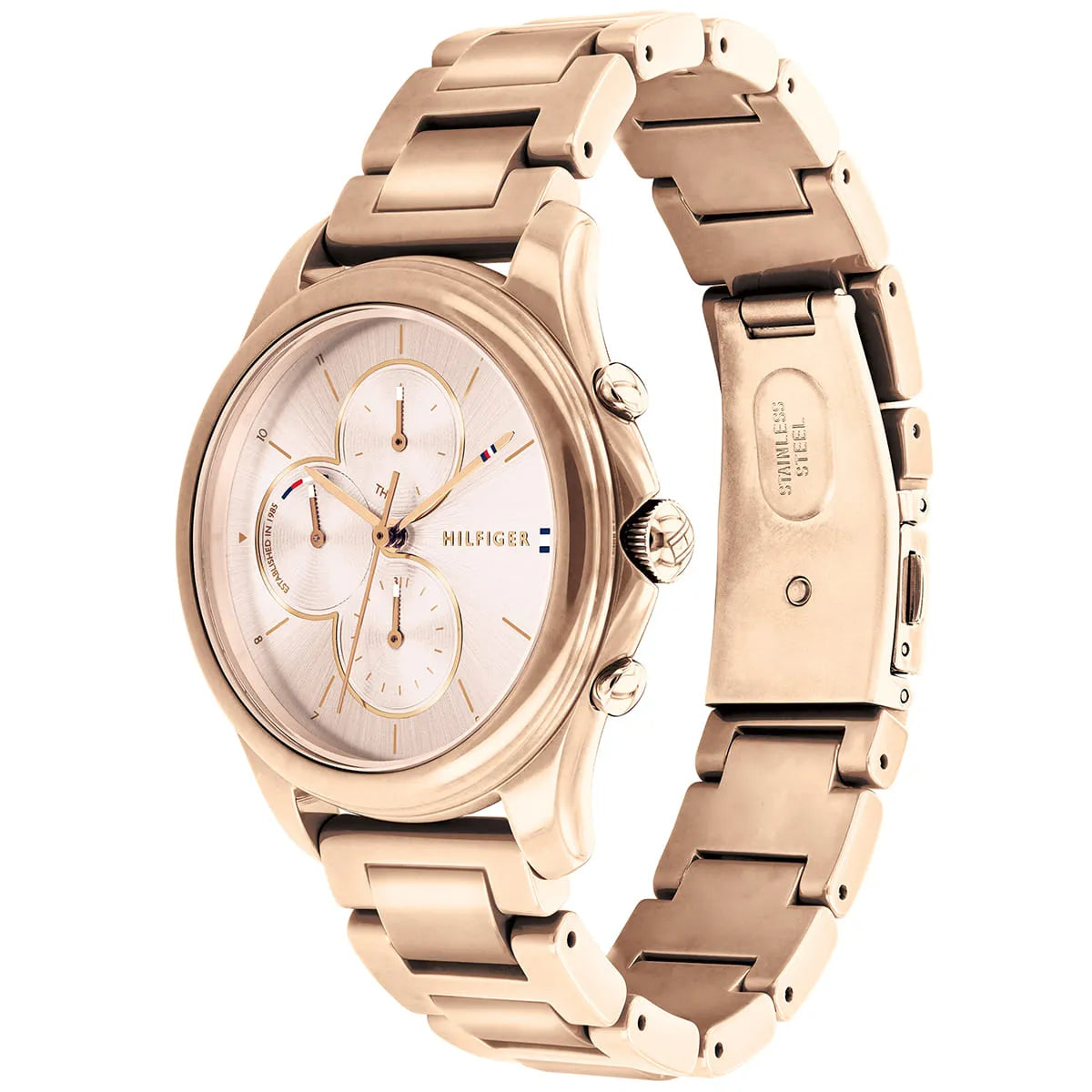 Tommy Hilfiger Skylar watch angled view showing rose gold chronograph dial and bracelet