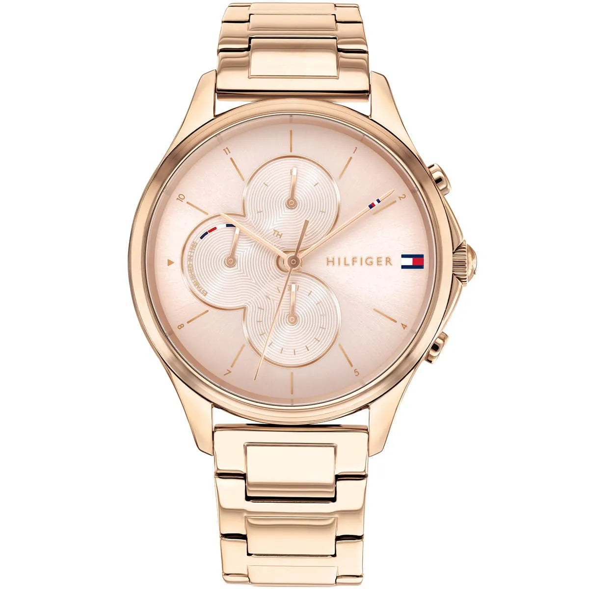 Tommy Hilfiger Skylar women's watch with rose gold dial and metal bracelet, front view