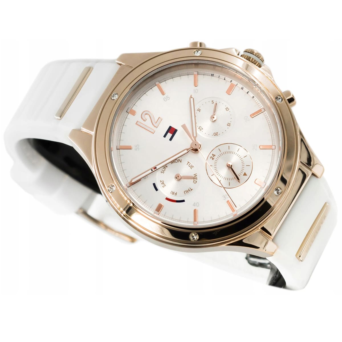 Three-quarter view of Tommy Hilfiger women's chronograph watch with white dial and rose gold bezel
