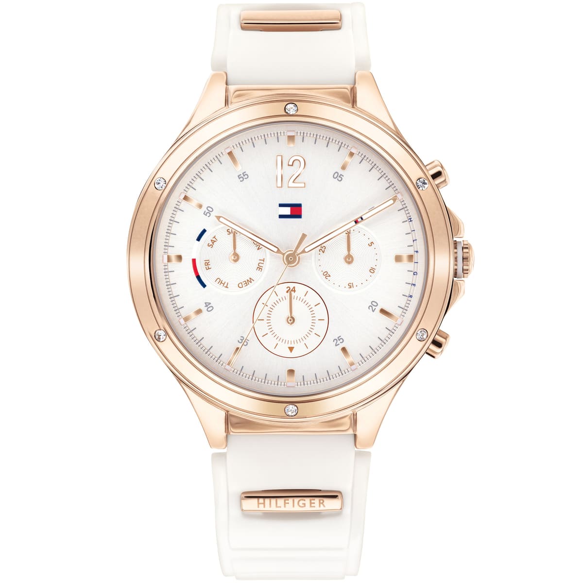 Tommy Hilfiger women's watch with white chronograph dial, rose gold case, white silicone strap