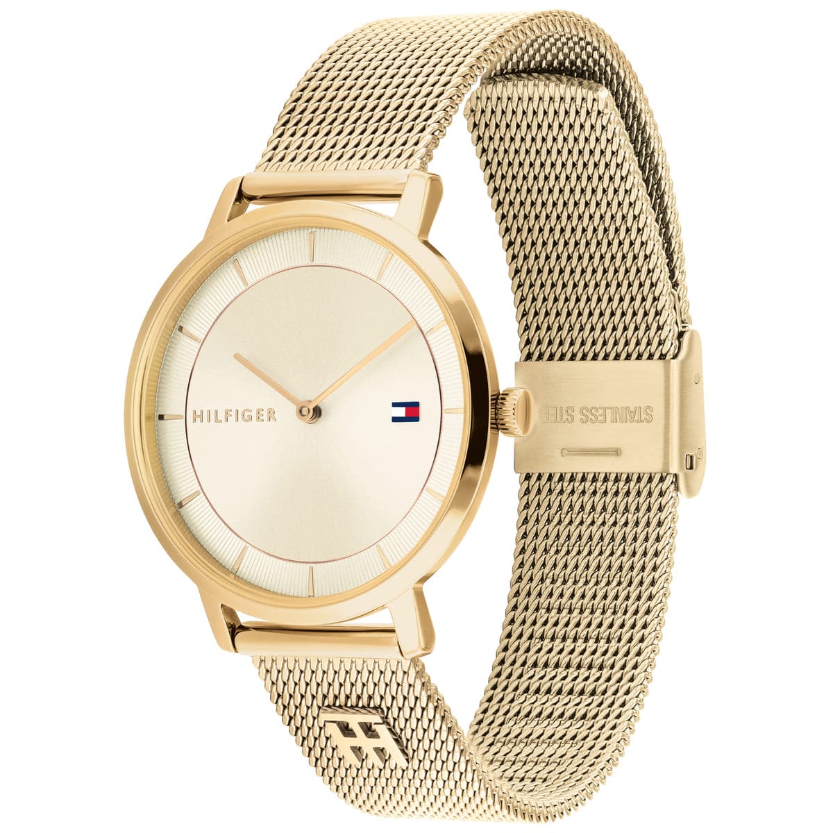 Tommy Hilfiger 1782286 watch angled view showing cream dial and stainless steel mesh strap