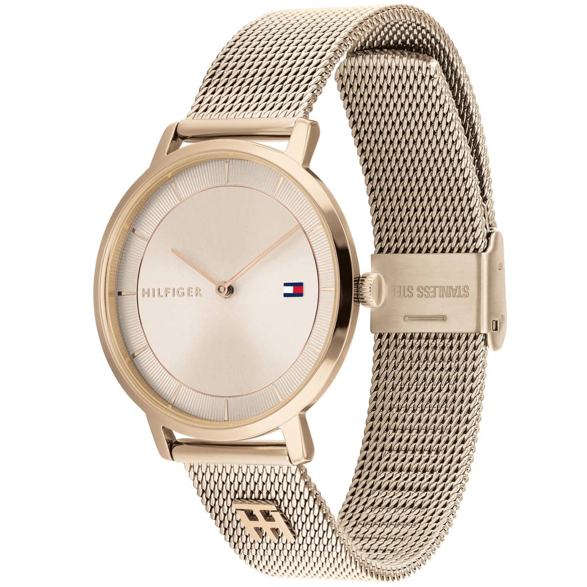 Tommy Hilfiger watch from angled view showing mesh band and light taupe dial with two-hand design