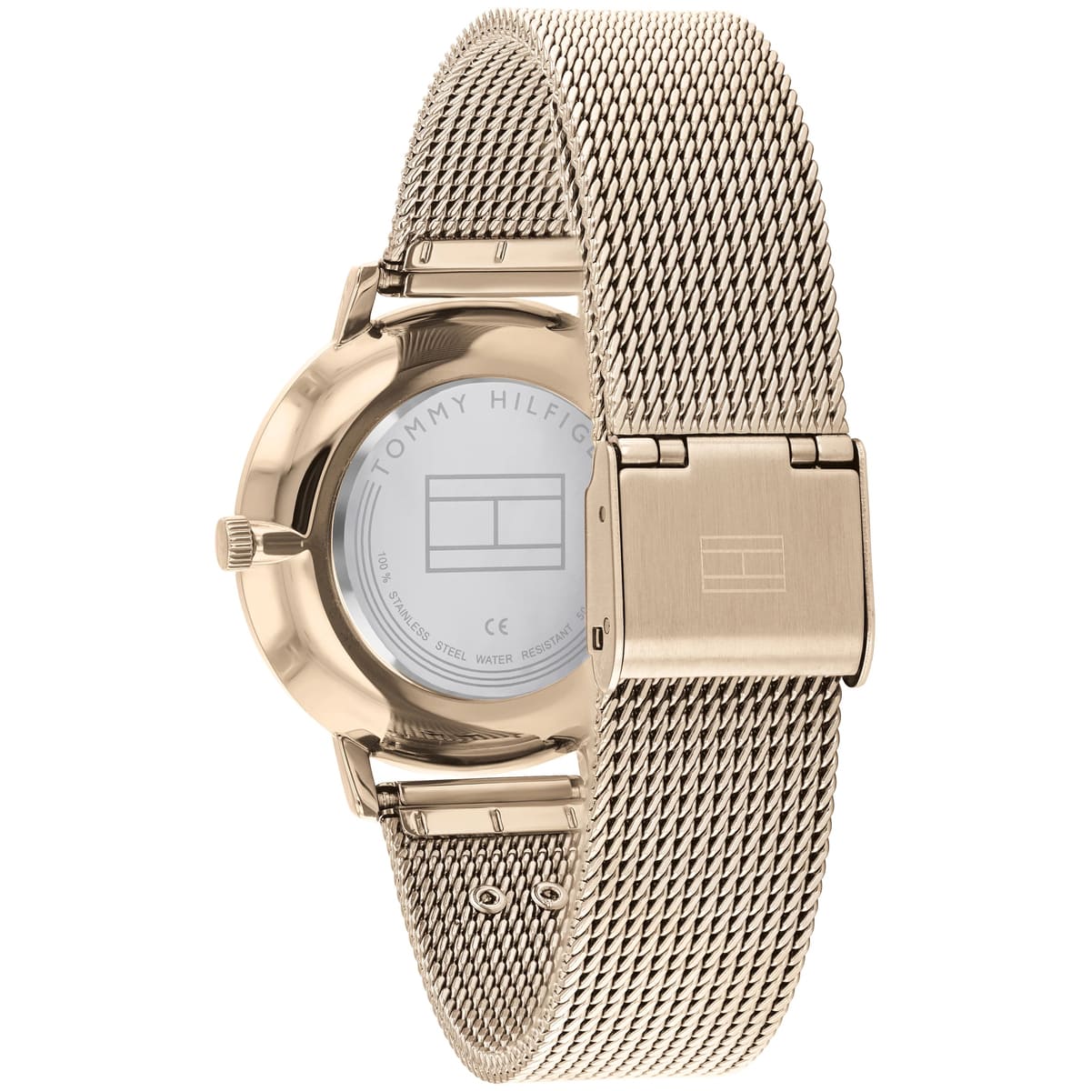 Tommy Hilfiger watch caseback showing quartz movement and metal mesh strap detail