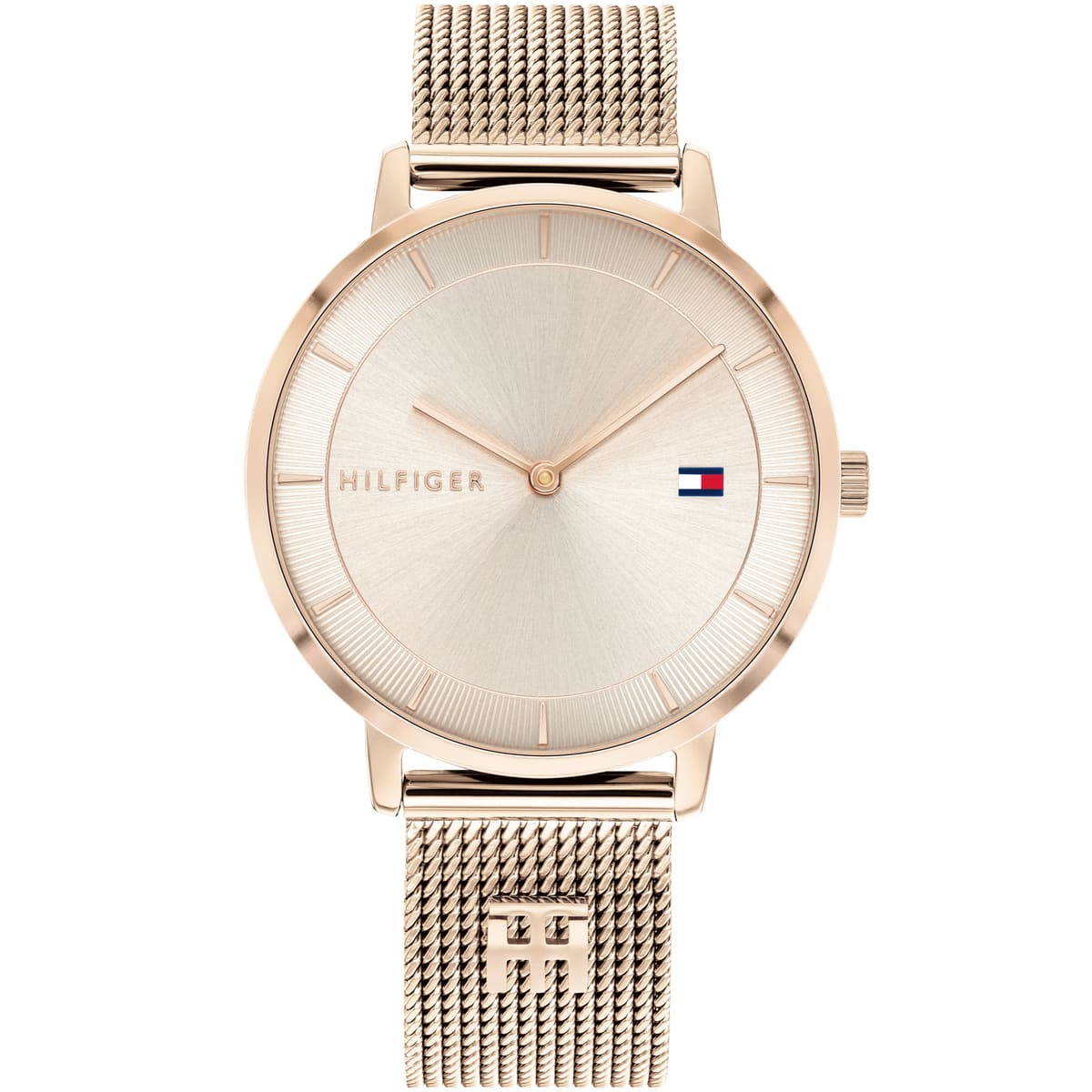 Tommy Hilfiger women's watch with light taupe dial, carnation gold metal mesh strap, and two-hand quartz movement