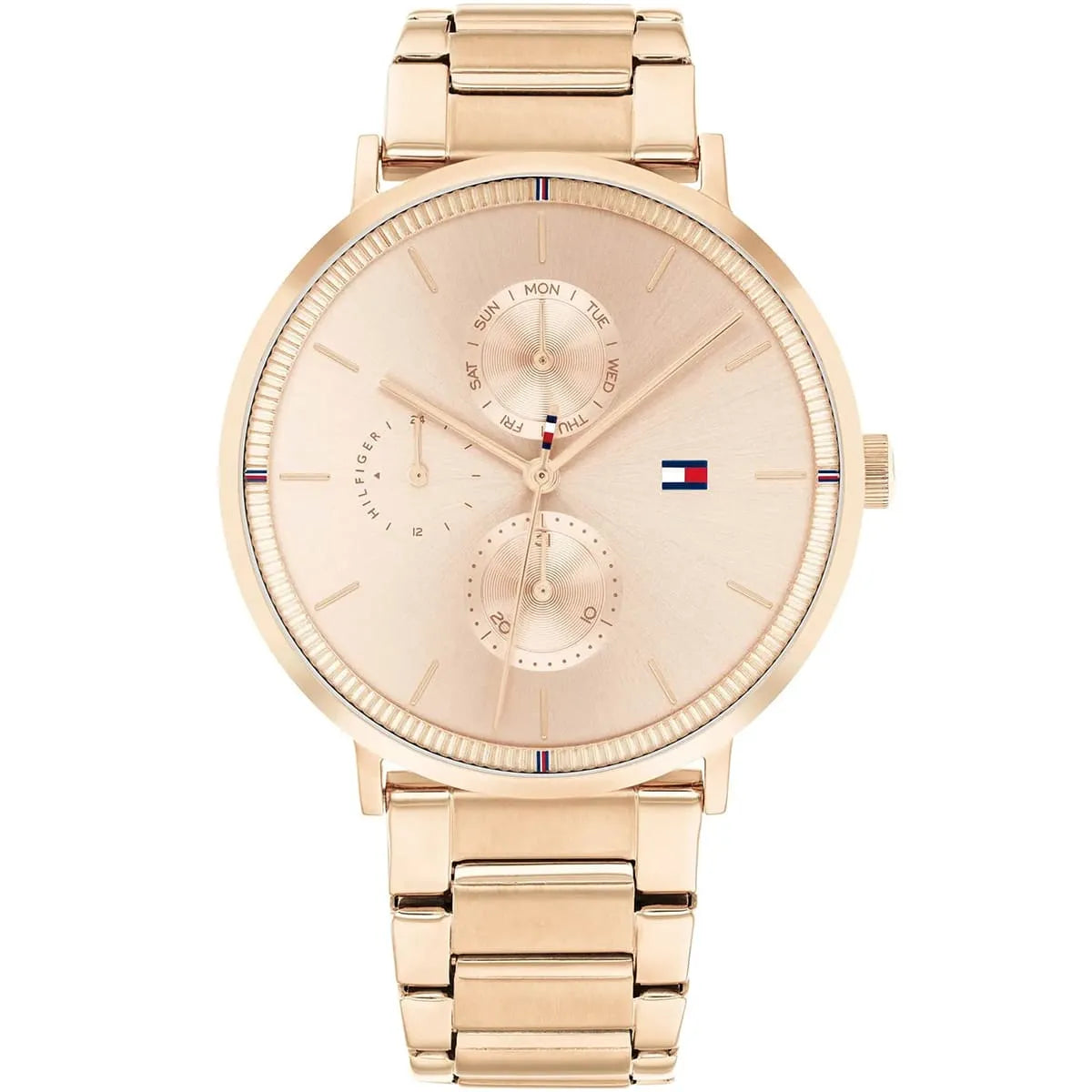 Tommy Hilfiger rose gold women's watch with multifunction dial and stainless steel strap