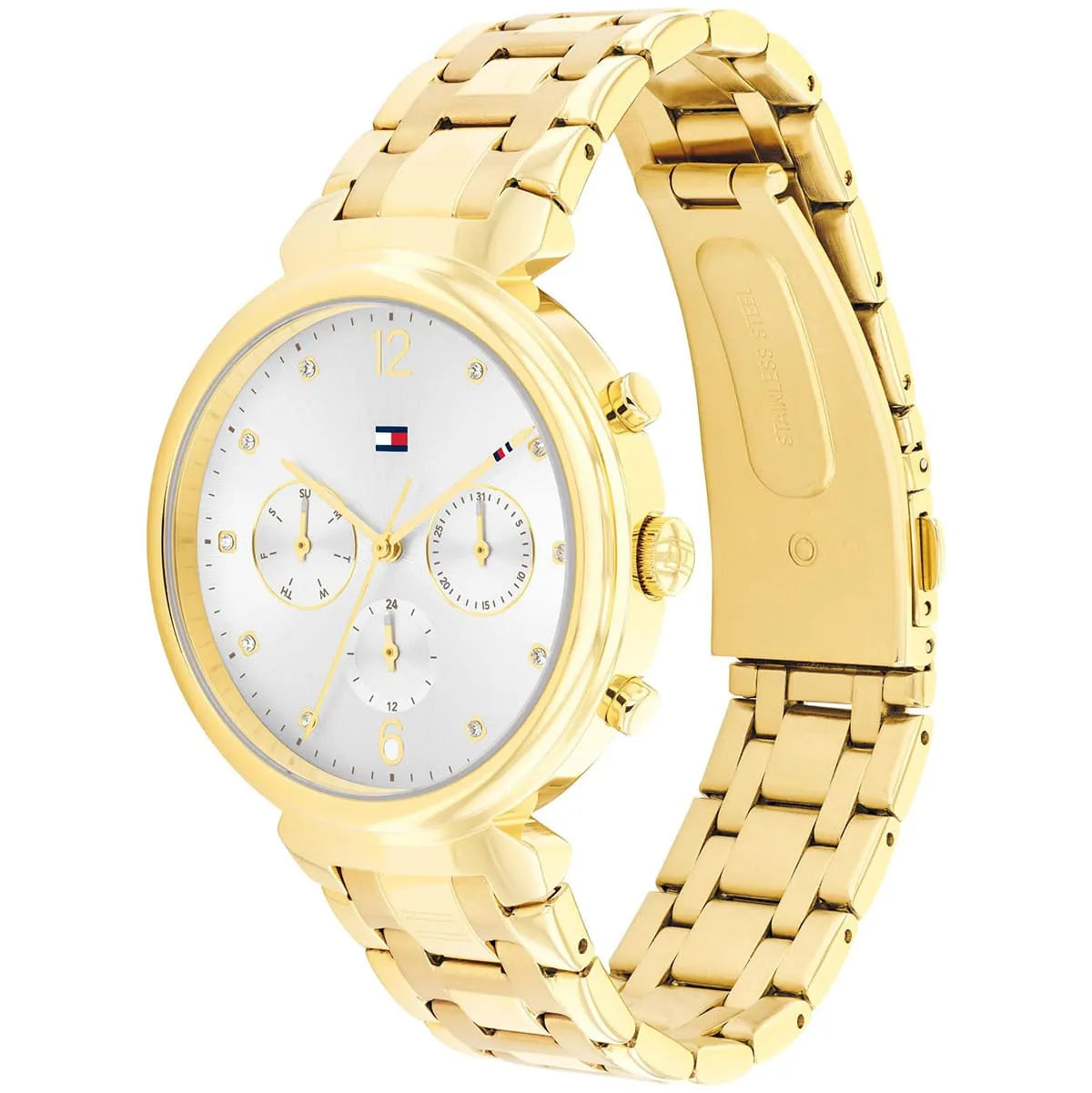 Tommy Hilfiger Ivy watch with gold stainless steel case, bracelet, and silver chronograph dial