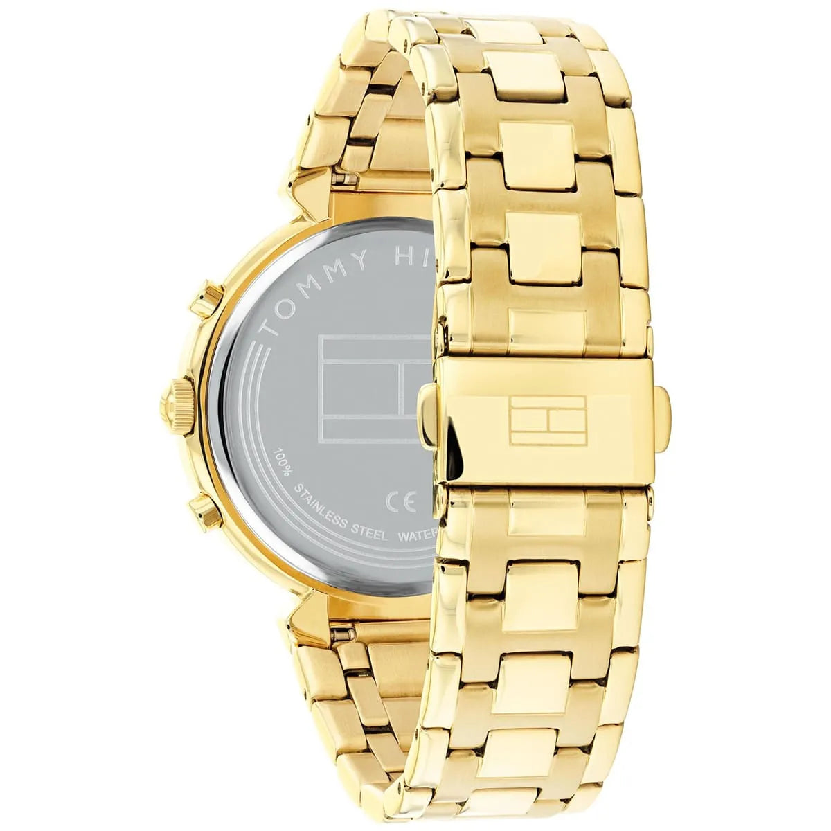 Tommy Hilfiger Ivy watch caseback showing stainless steel case and gold bracelet