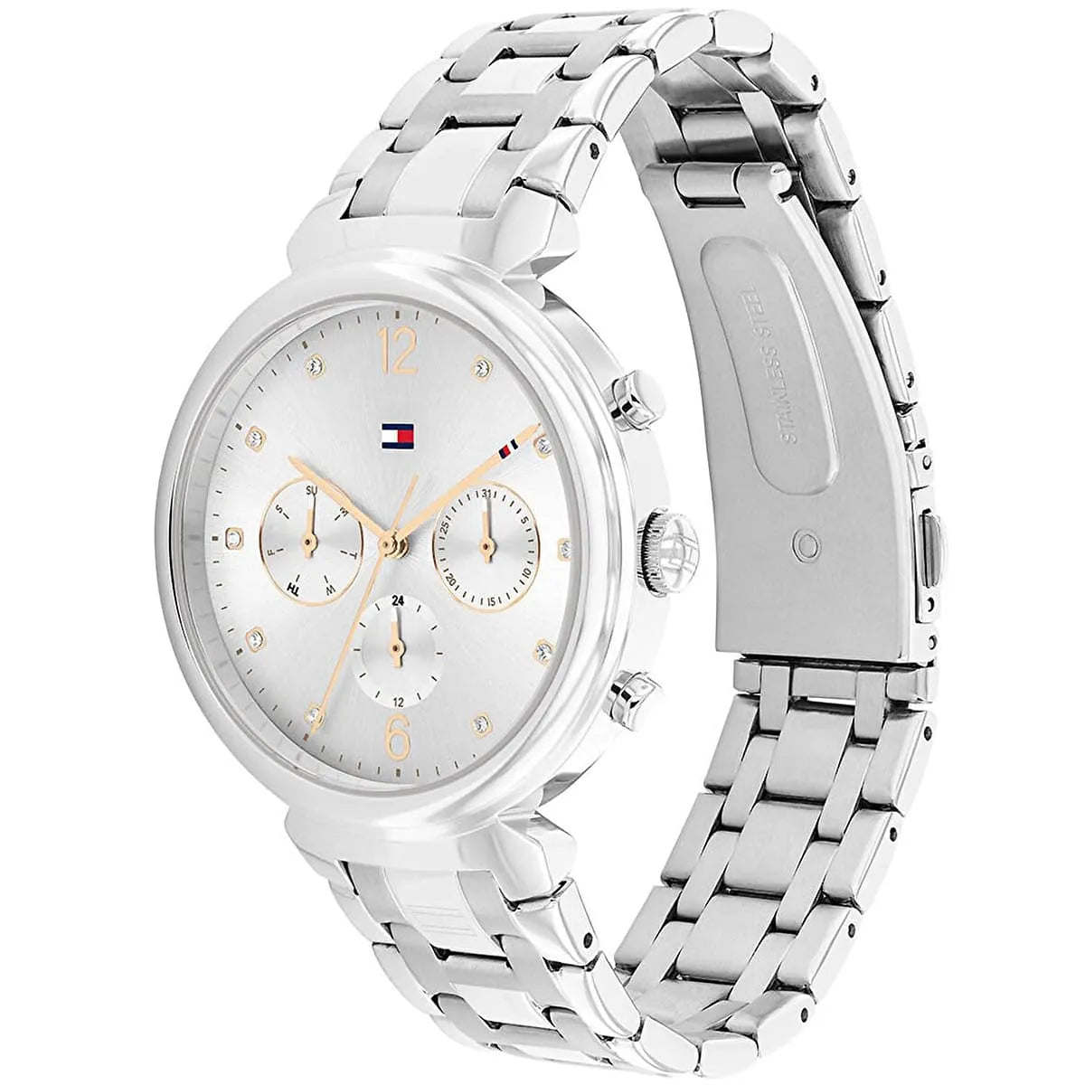 Tommy Hilfiger Ivy watch at angle showing dial and silver stainless steel three-link bracelet strap