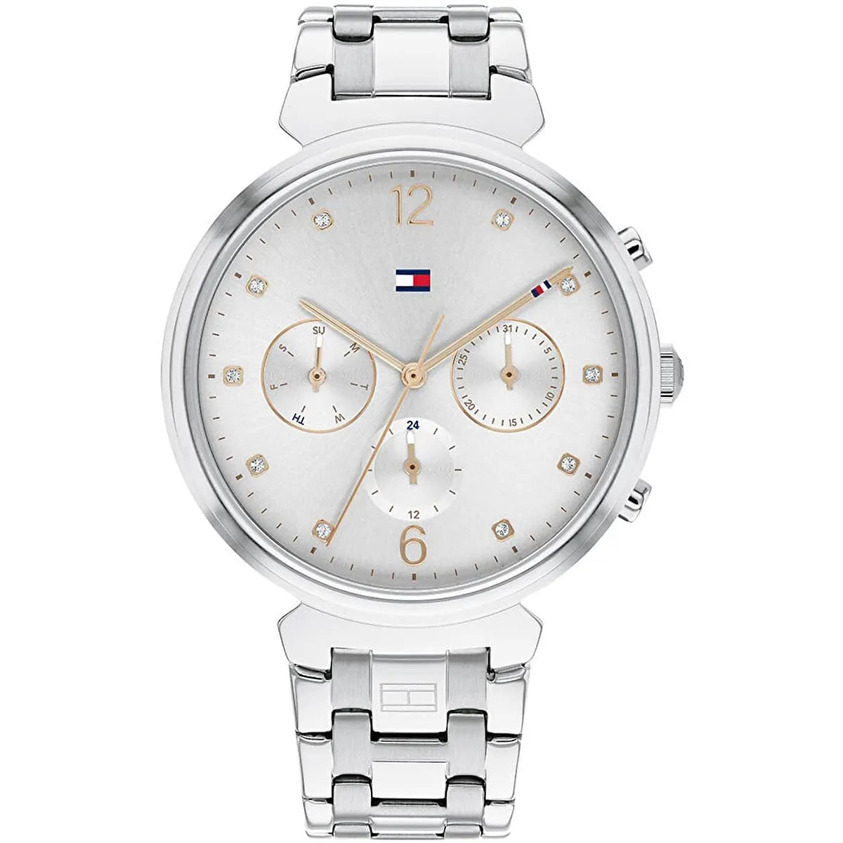 Tommy Hilfiger Ivy women's watch with gray dial, rose gold numerals, chronograph subdials, and silver stainless steel strap