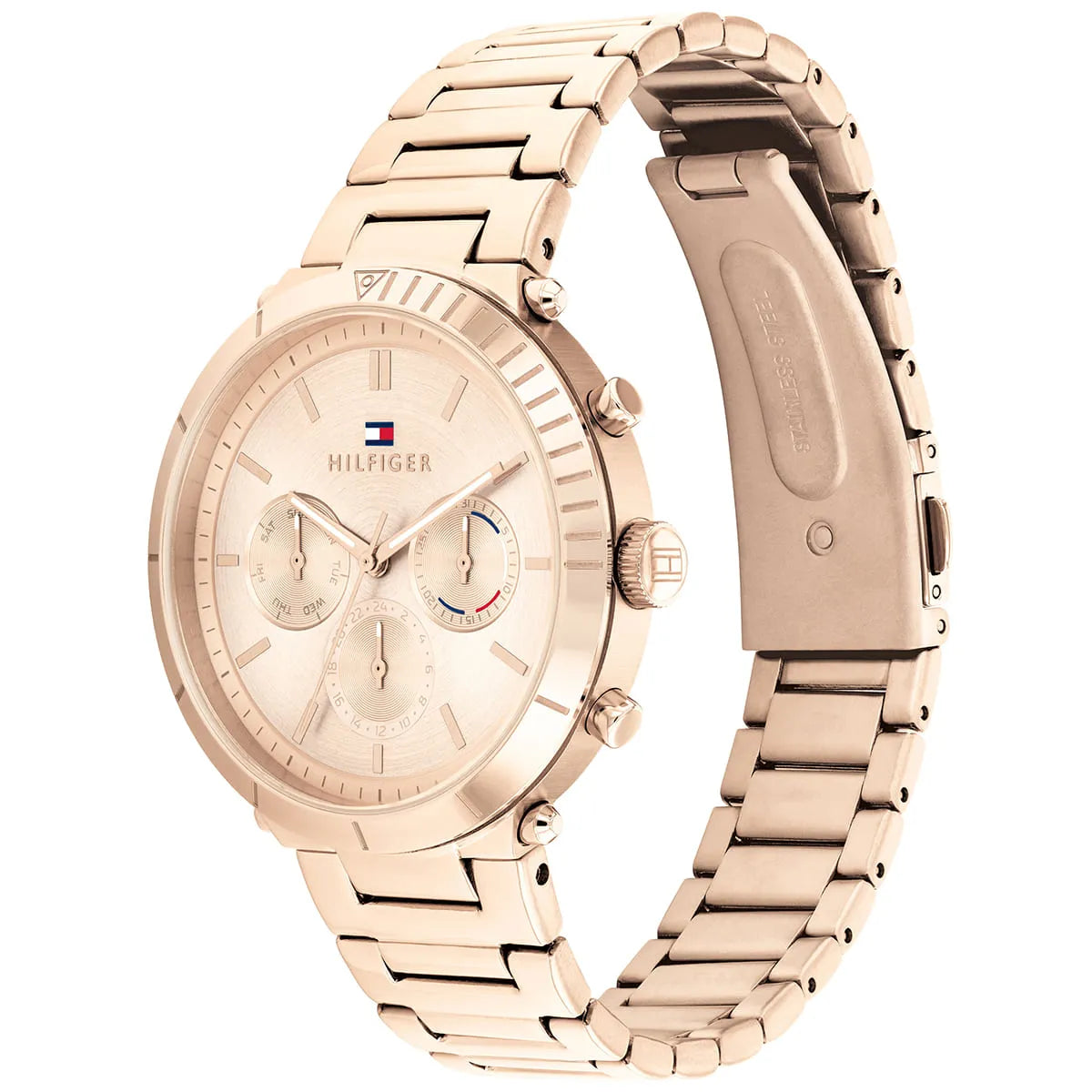 Tommy Hilfiger Libby rose gold watch three-quarter view showing dial and bracelet