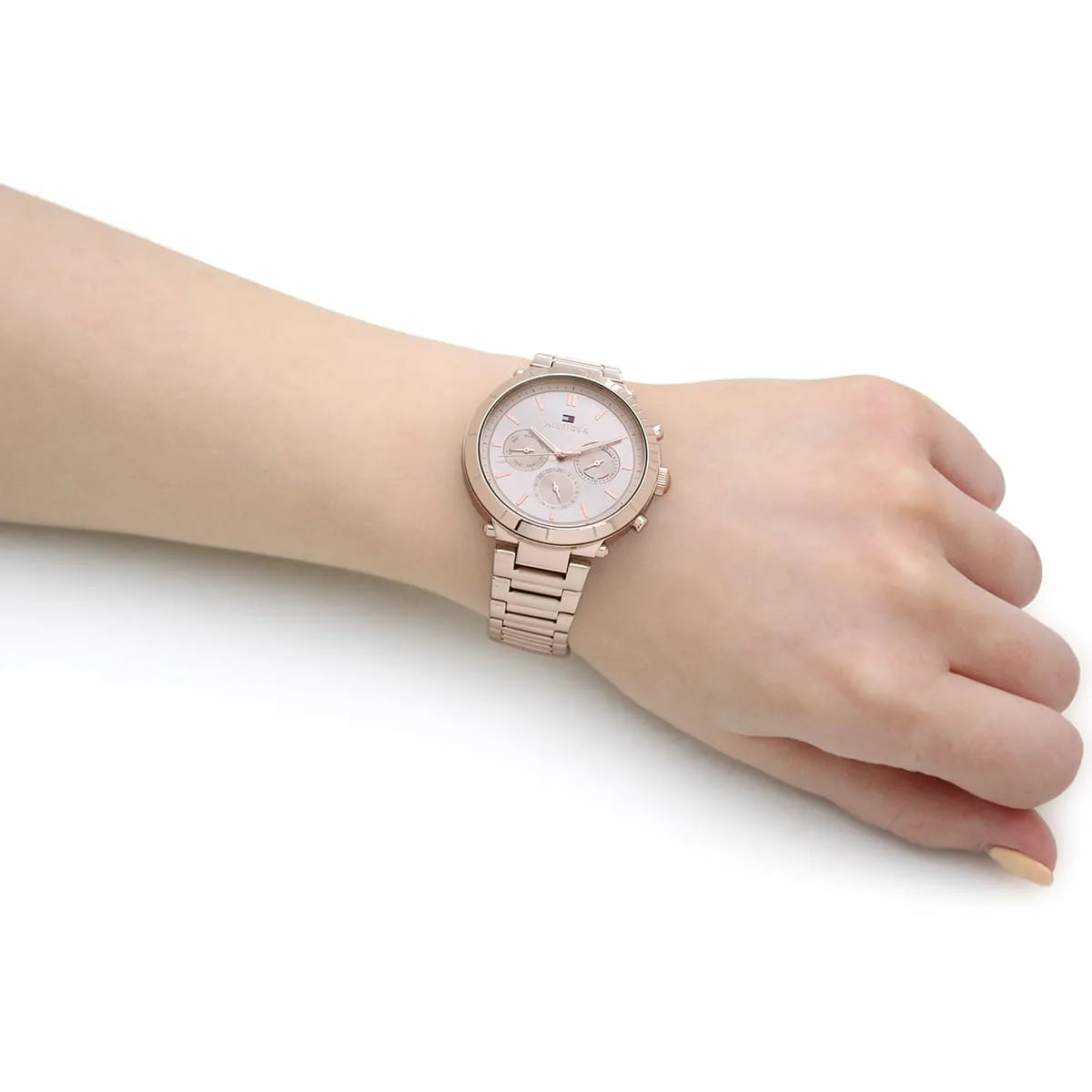 Tommy Hilfiger Libby rose gold women's watch worn on wrist