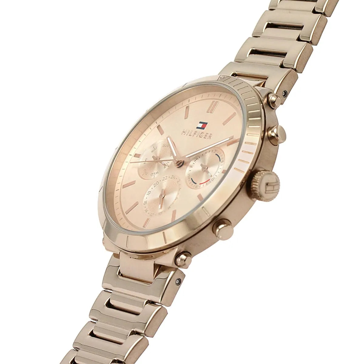 Side profile of Tommy Hilfiger Libby rose gold women's watch