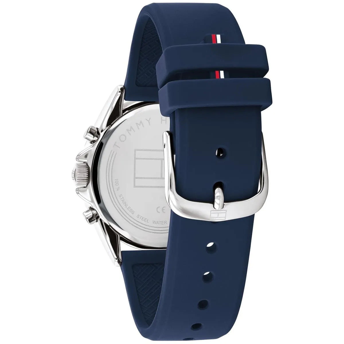 Tommy Hilfiger Kennedy watch caseback showing engraved branding and navy rubber strap