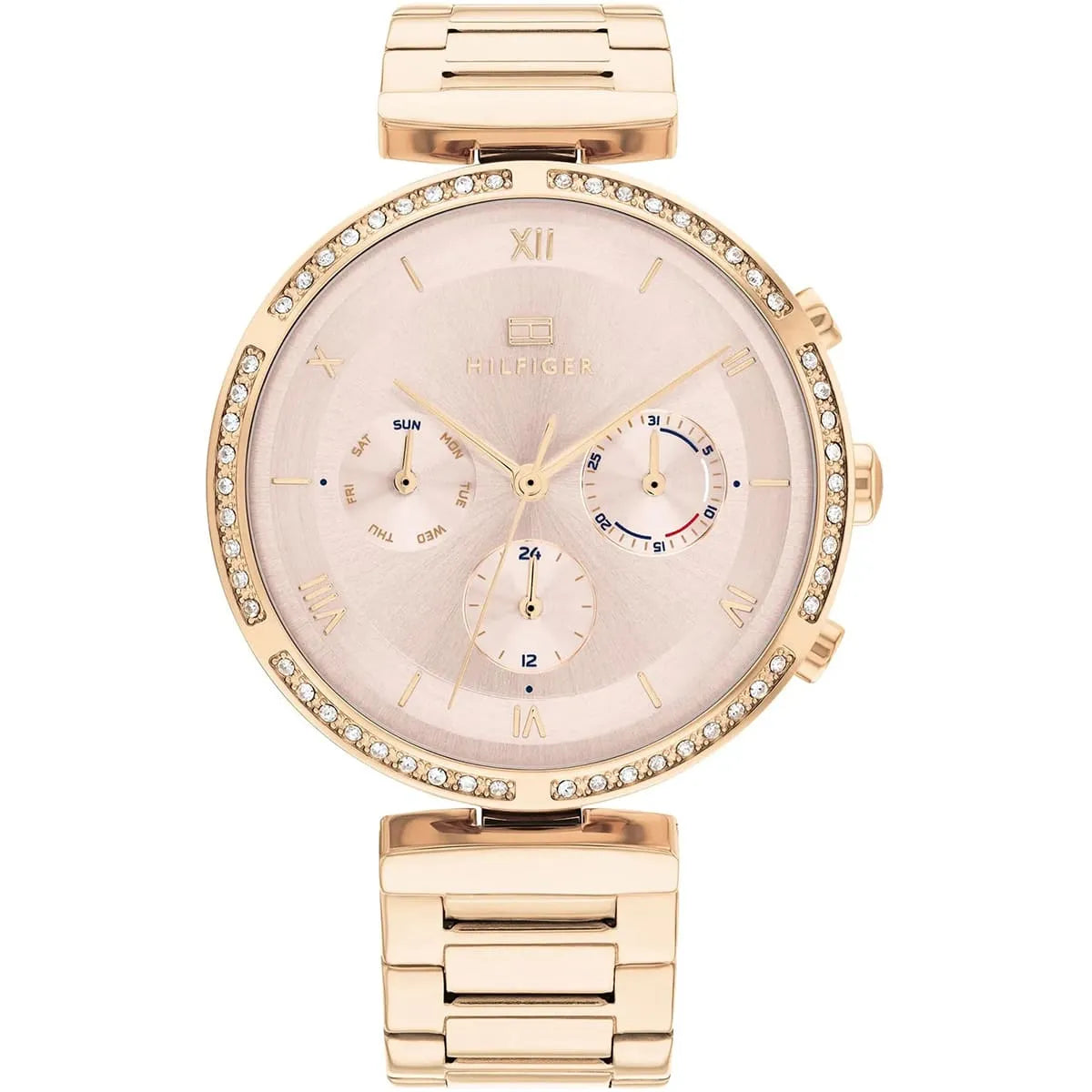 Tommy Hilfiger rose gold women's watch with pink dial, crystal bezel, and metal bracelet