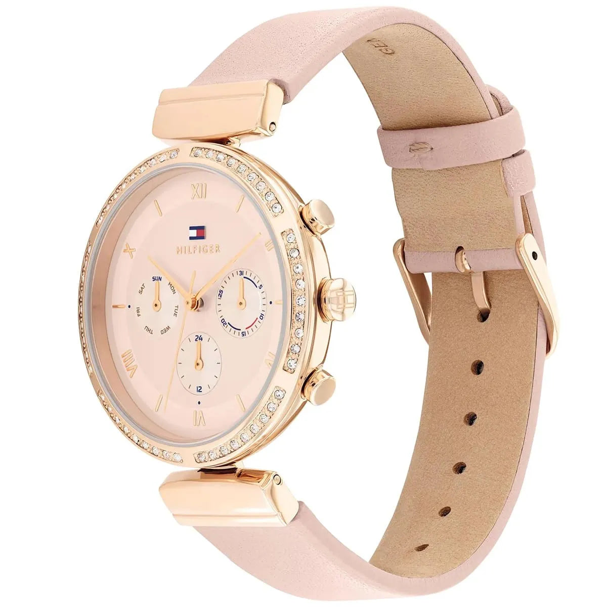 Tommy Hilfiger Luna watch angled view showing pink leather band and rosegold case with diamond bezel