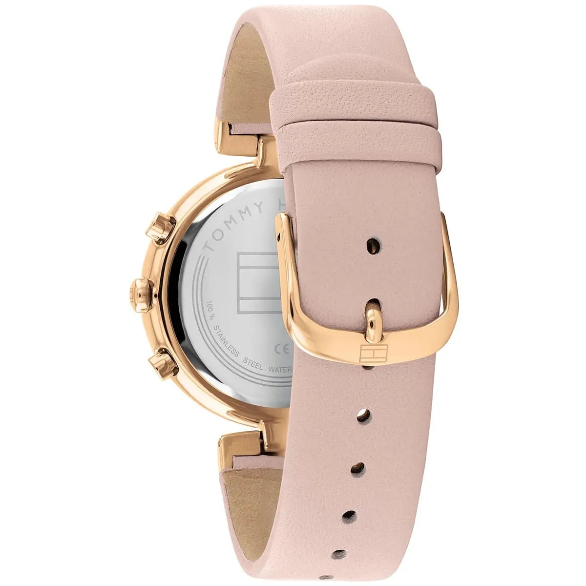 Tommy Hilfiger Luna watch caseback with pink leather band and rosegold stainless steel hardware