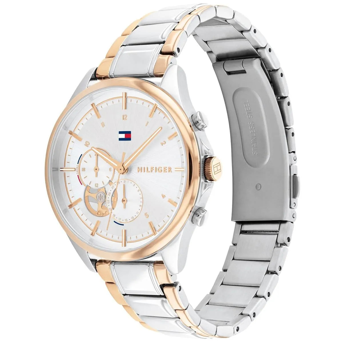 Tommy Hilfiger Quinn watch showing two-tone rose gold and steel bracelet from angled view