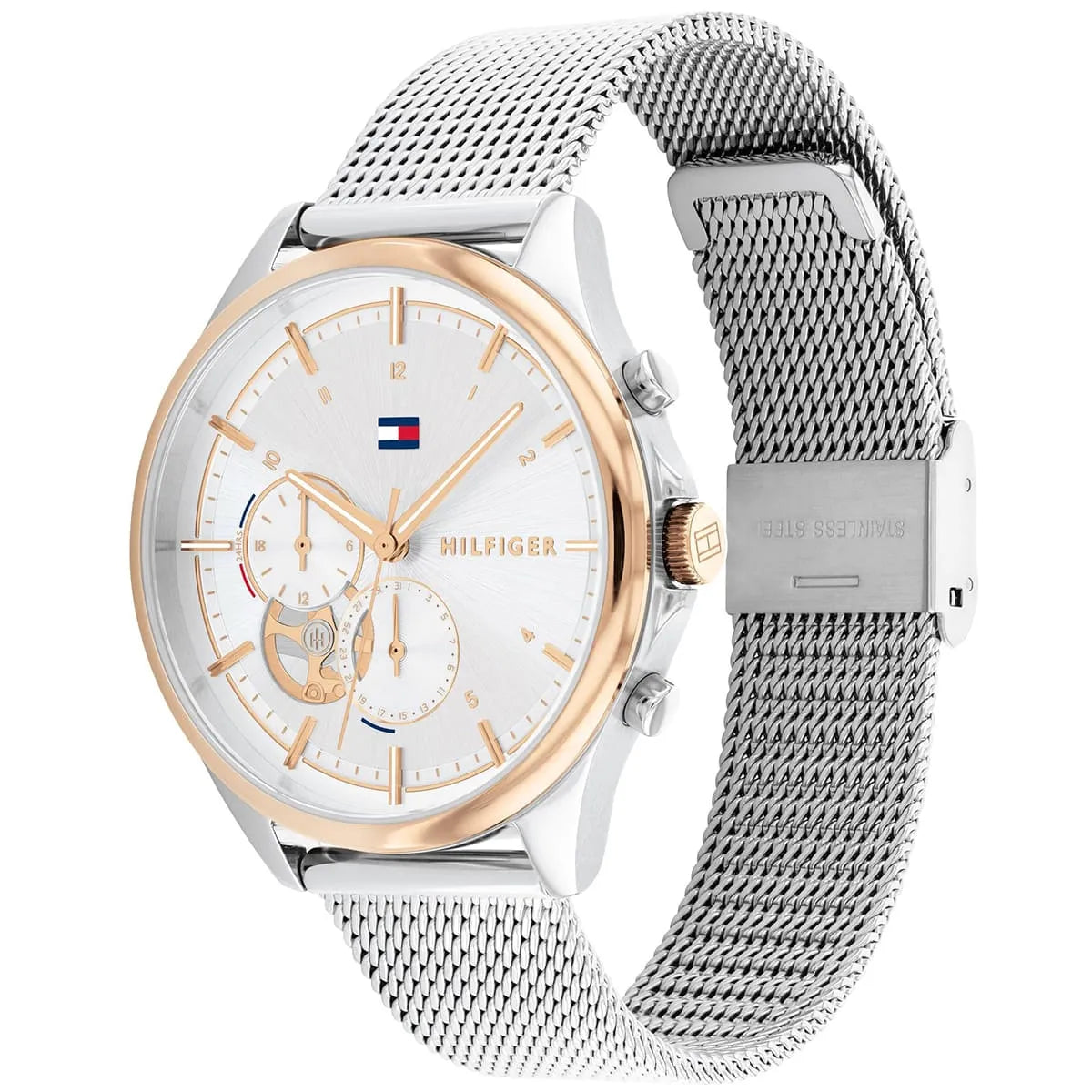 Angled view of Tommy Hilfiger women's watch showing case, dial, and mesh strap detail