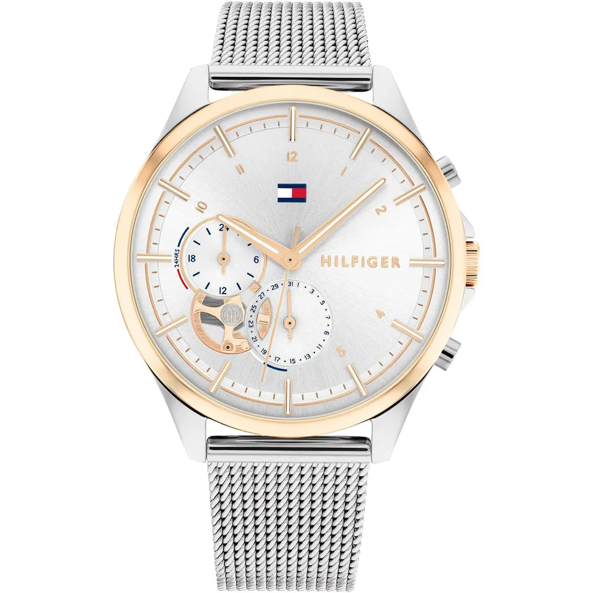 Tommy Hilfiger women's quartz watch with silver dial, rose gold bezel, mesh metal strap, and chronograph subdials
