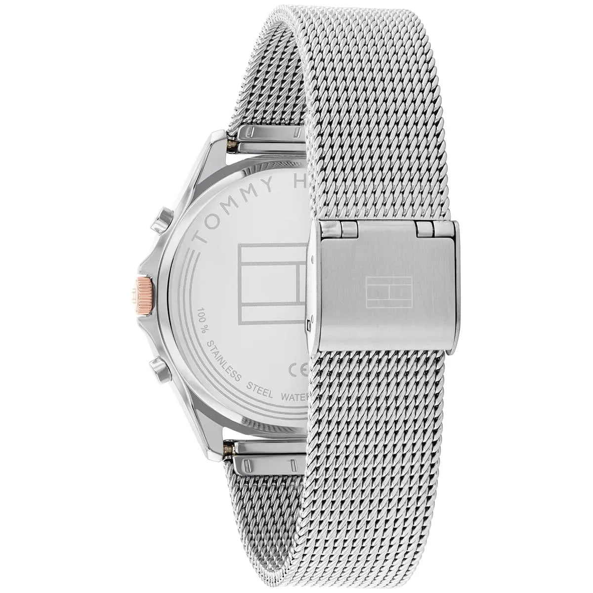 Side profile of Tommy Hilfiger watch with mesh metal strap and push buttons