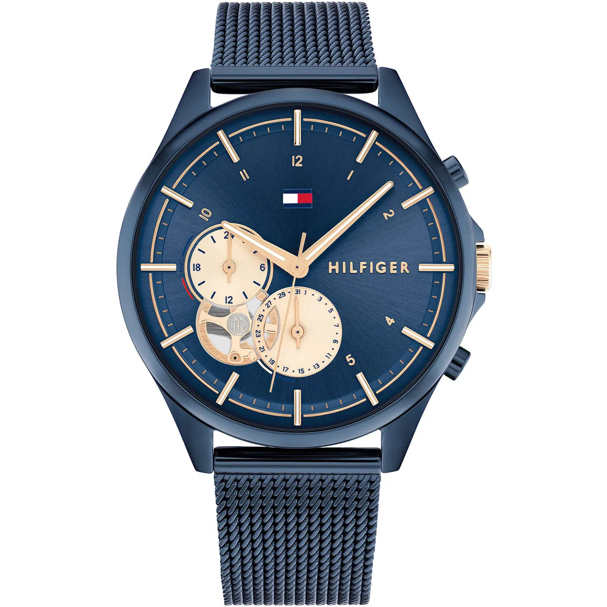 Tommy Hilfiger women's watch with navy blue dial, rose gold chronograph subdials, mesh metal strap