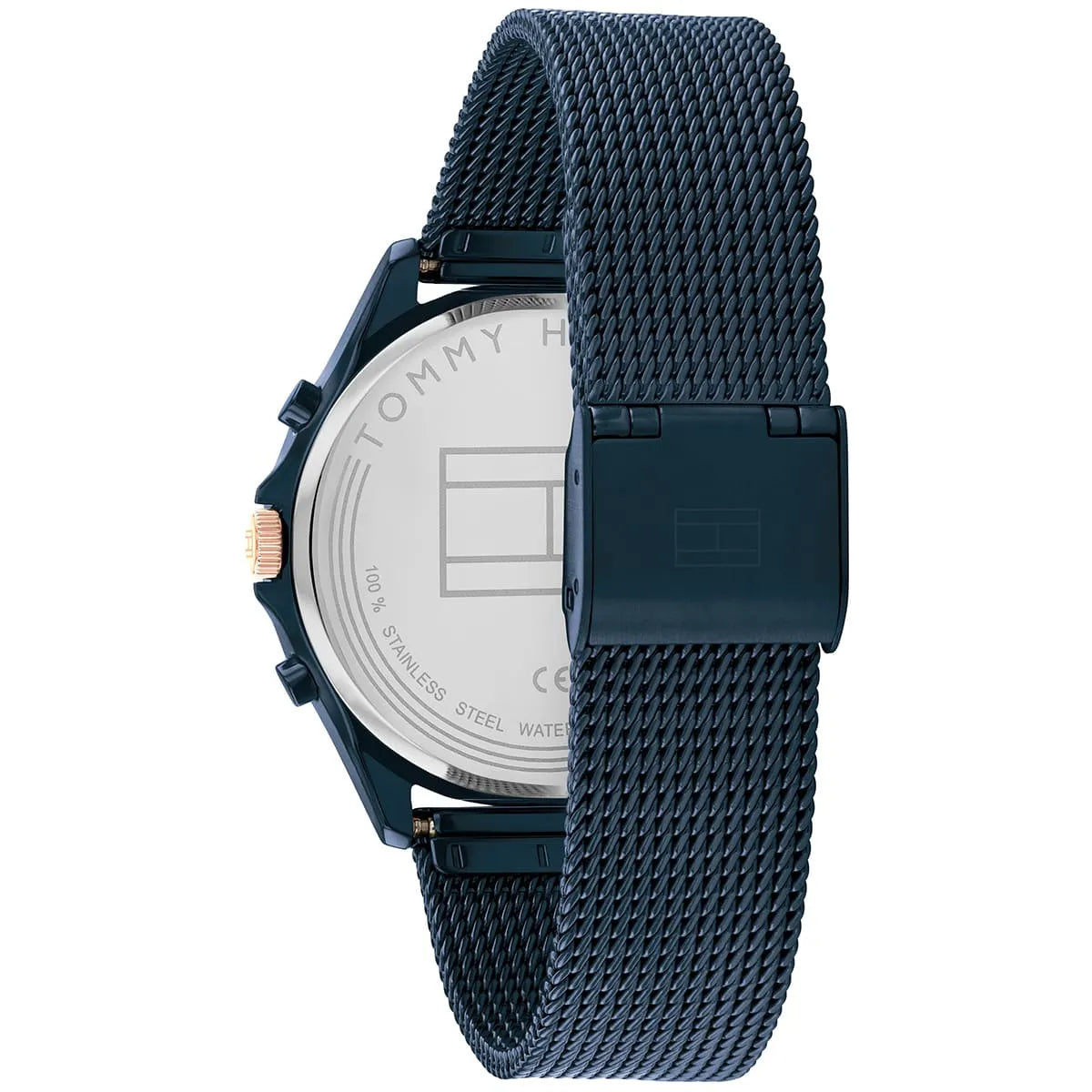 Tommy Hilfiger watch caseback showing stainless steel construction and mesh strap