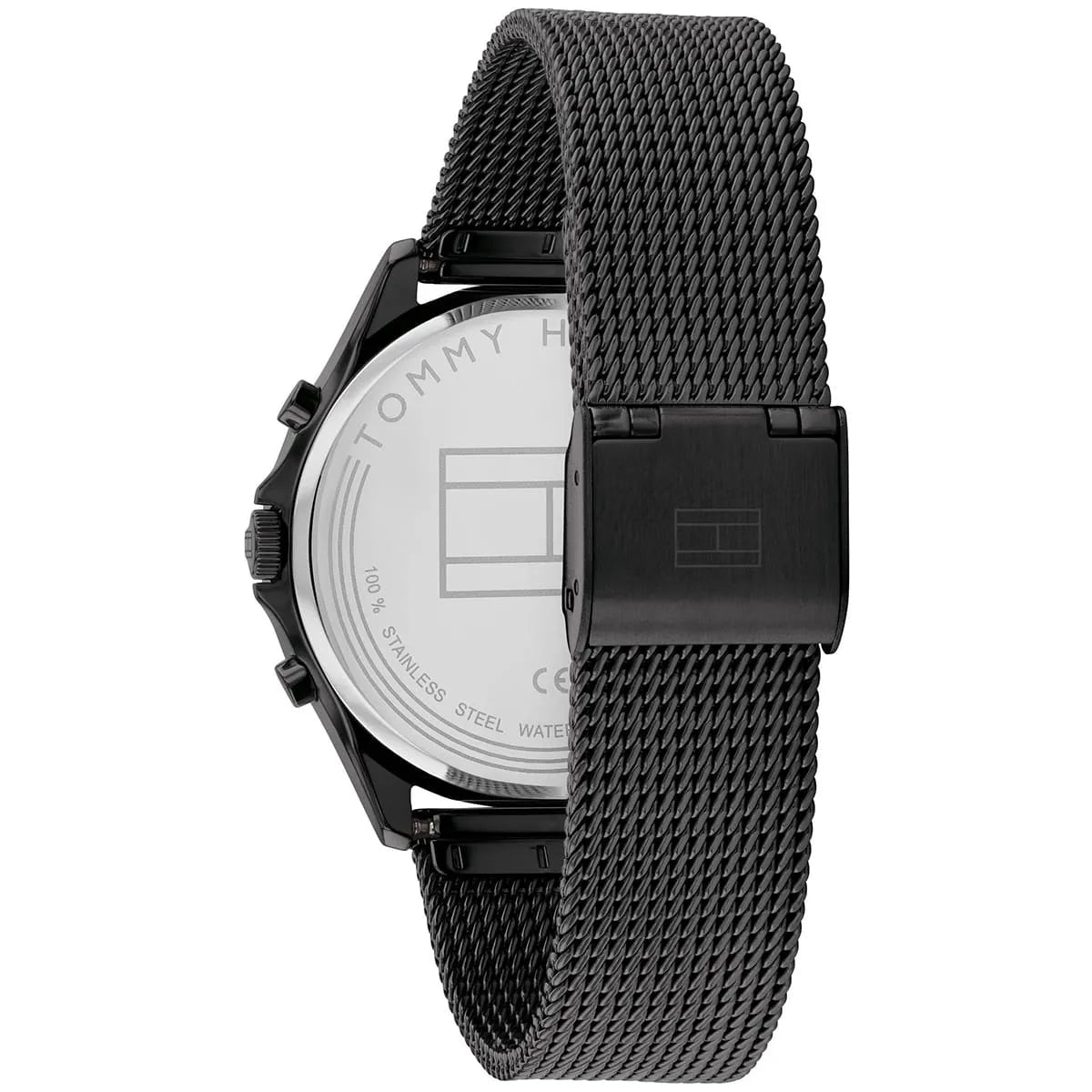 Caseback view of Tommy Hilfiger Quinn watch showing stainless steel construction