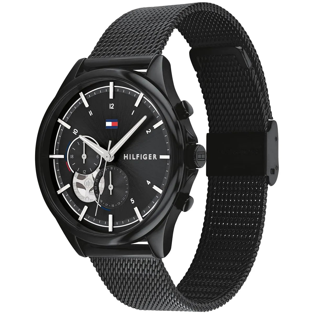 Side angle view of Tommy Hilfiger Quinn watch with mesh strap and chronograph subdials