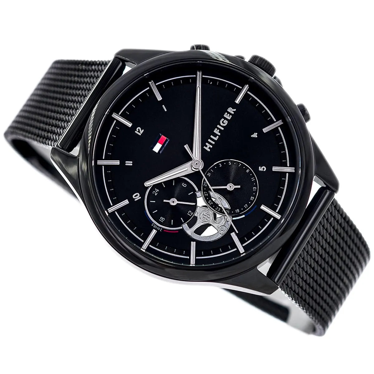 Overhead view of Tommy Hilfiger Quinn women's watch with black mesh strap