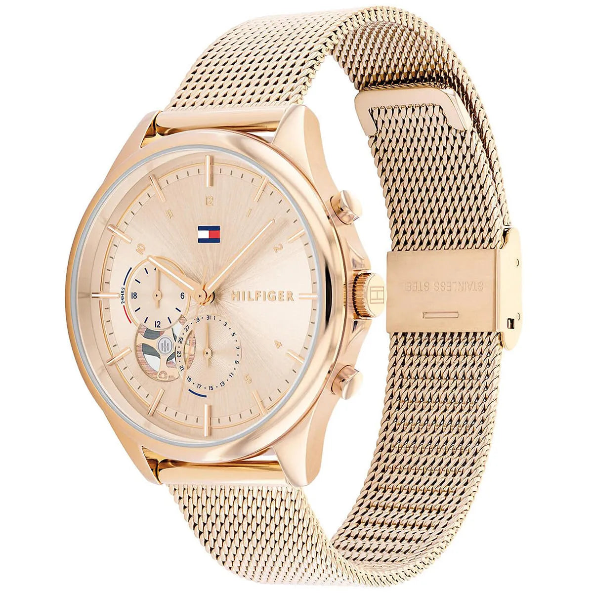 Rose gold Quinn watch with mesh stainless steel strap shown at angle