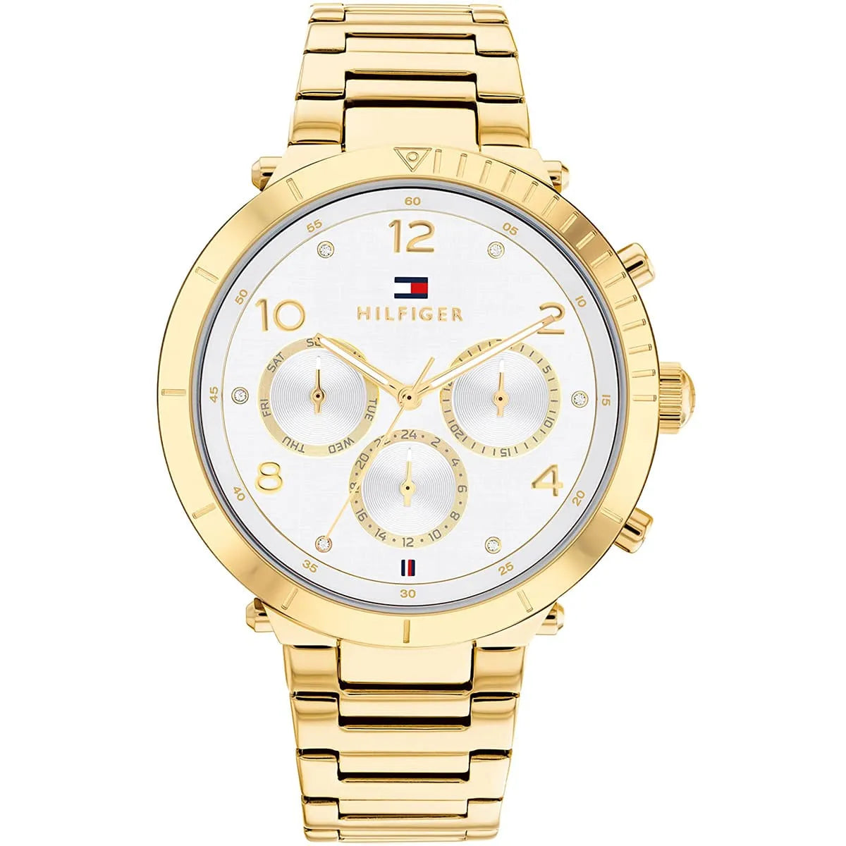 Tommy Hilfiger Emery women's watch with silver dial, gold stainless steel case and bracelet, chronograph subdials