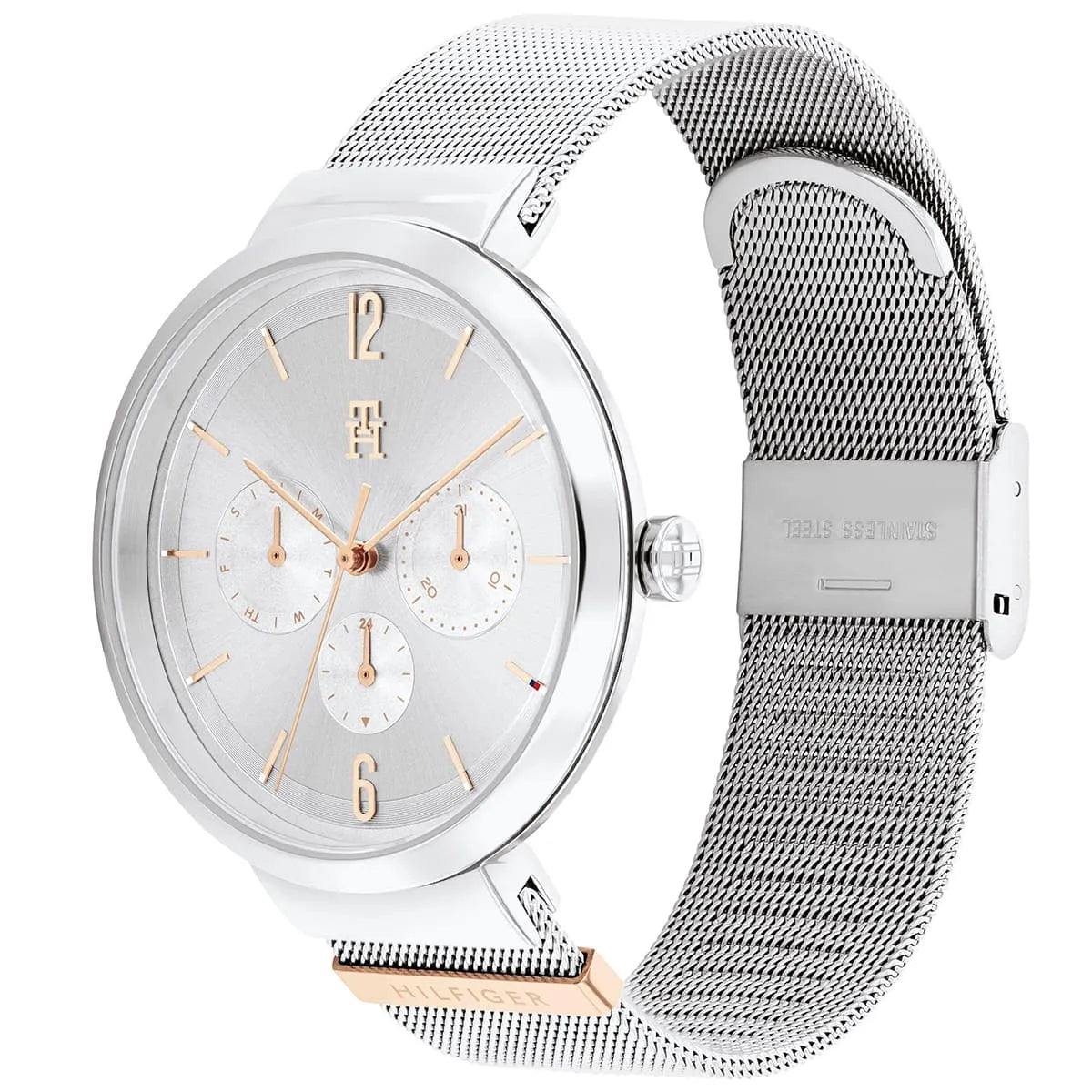 Tommy Hilfiger ladies chronograph watch side view showing mesh strap detail